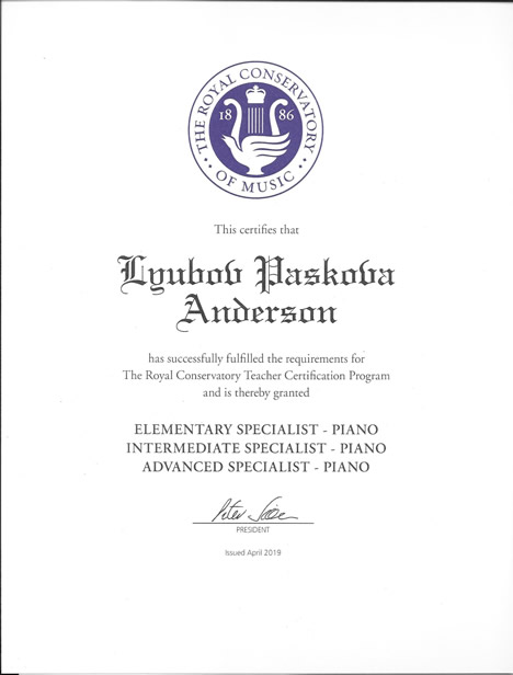 Royal Conservatory of Music Certification in Teaching Piano 